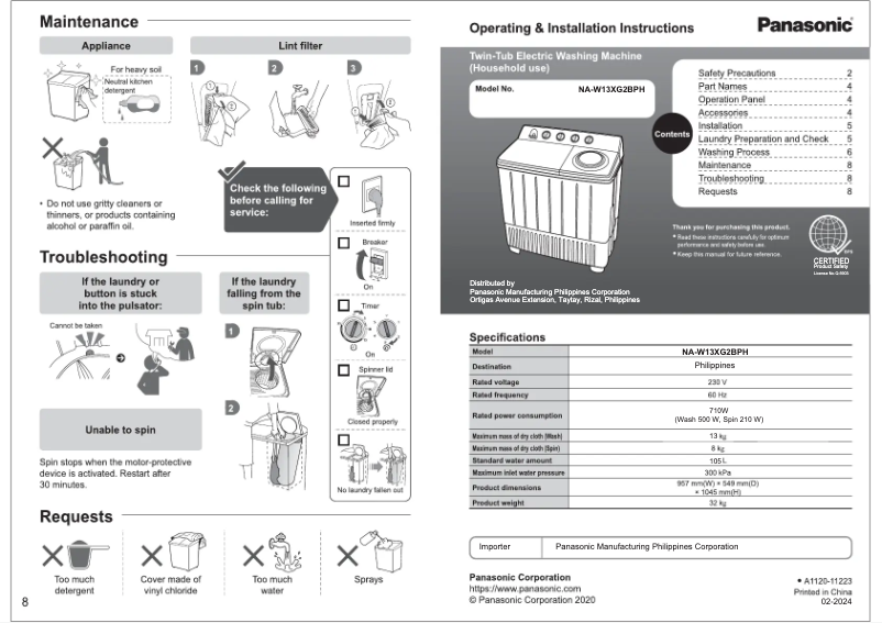 Page 1 de la notice Manuel utilisateur Panasonic NA-W13XG2BPH