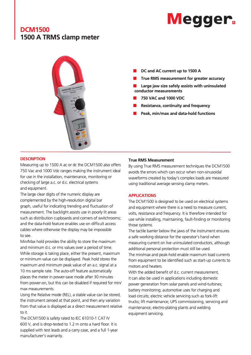 Page 1 de la notice Fiche technique Megger DCM1500