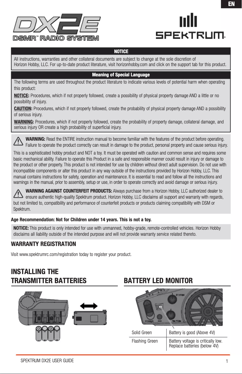 Page 1 de la notice Manuel utilisateur Spektrum DX2E 2Ch DSMR Surface Radio w/SR310