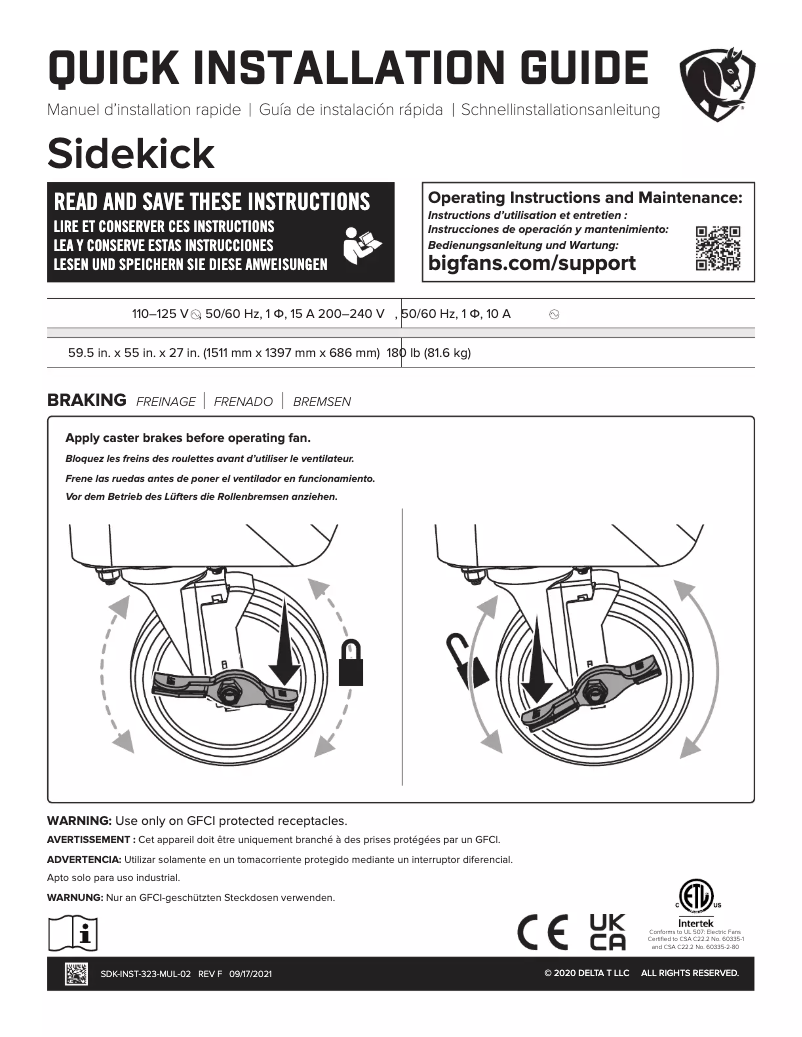 Page 1 de la notice Manuel utilisateur Big Ass Fans Sidekick