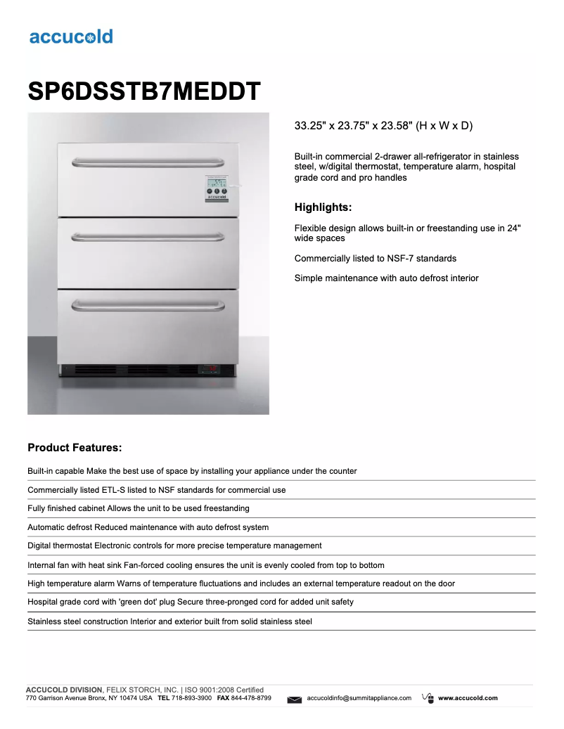 Page n°1 - Fiche technique Summit Accucold SP6DSSTB7MEDDT