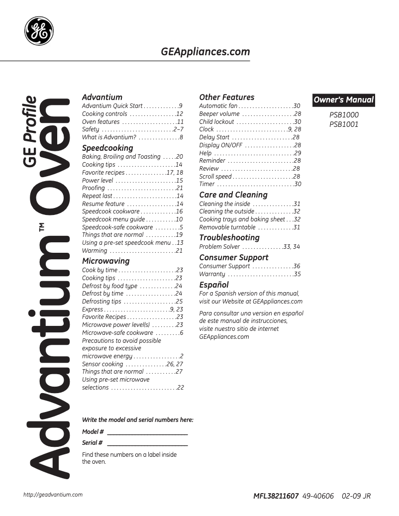 Image de la première page du manuel de l'appareil Advantium PSB1001NSS