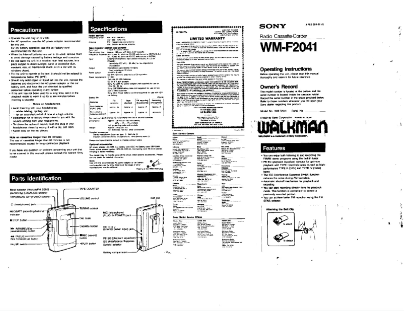 Page n°1 - Manuel utilisateur Sony Walkman WM-F2041