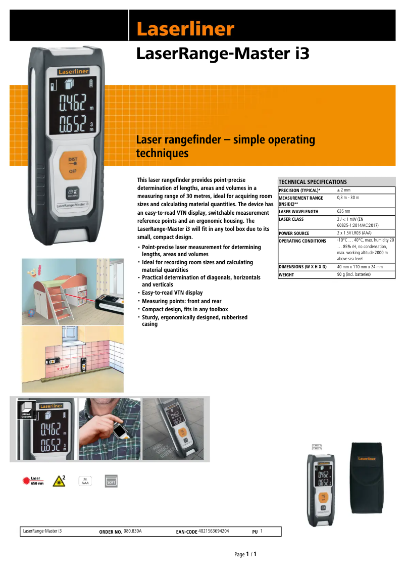 Page 1 de la notice Fiche technique Laserliner LaserRange-Master i3