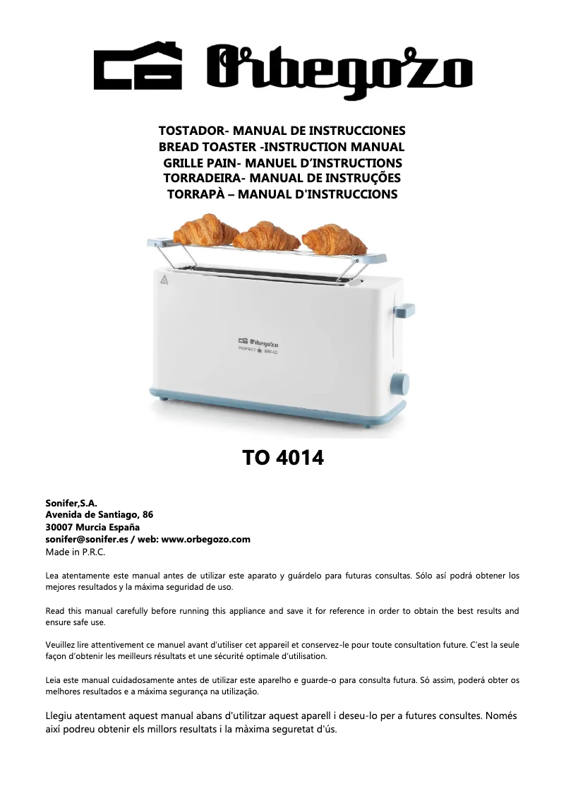 Page 1 de la notice Manuel utilisateur Orbegozo TO 4014