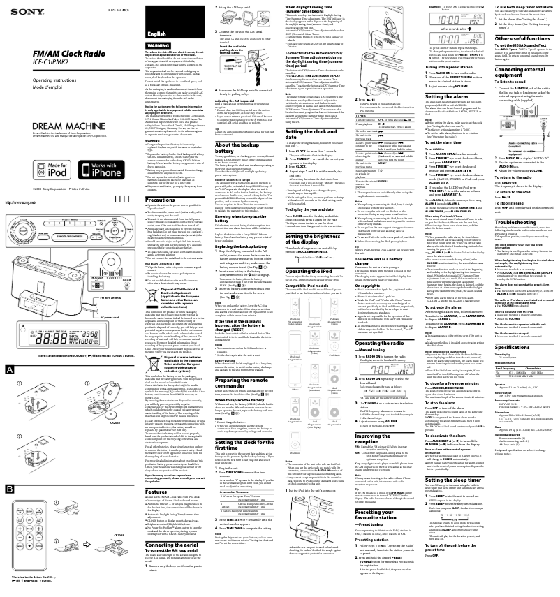 Page 1 de la notice Manuel utilisateur Sony ICF-C1iPMK2