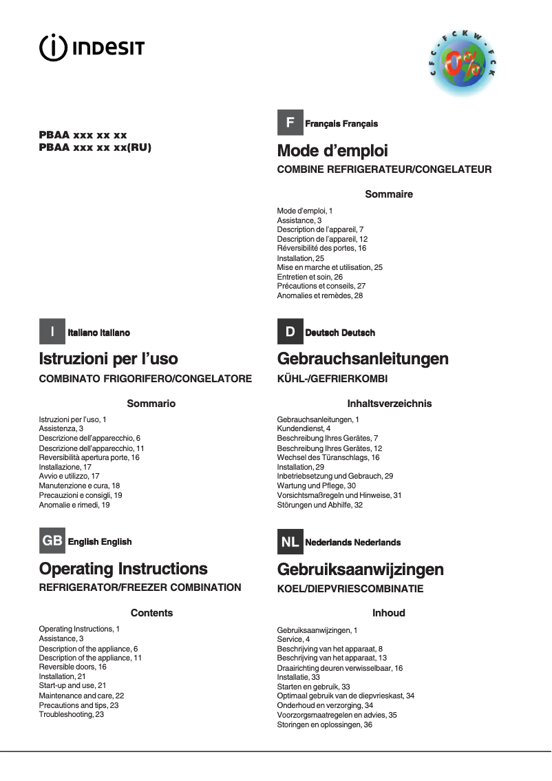 Page n°1 - Manuel utilisateur Indesit PBAA 33 F
