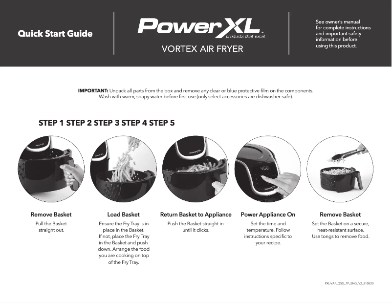 Page 1 de la notice Guide de démarrage rapide PowerXL Vortex Air Fryer HF-2096DT-P