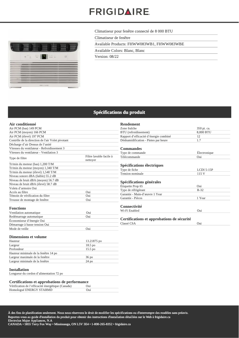 Page 1 de la notice Fiche technique Frigidaire FHWW083WBE