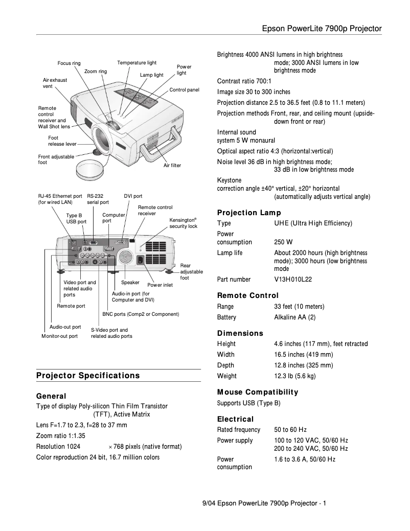 Page 1 de la notice Fiche technique Epson PowerLite 7900pNL