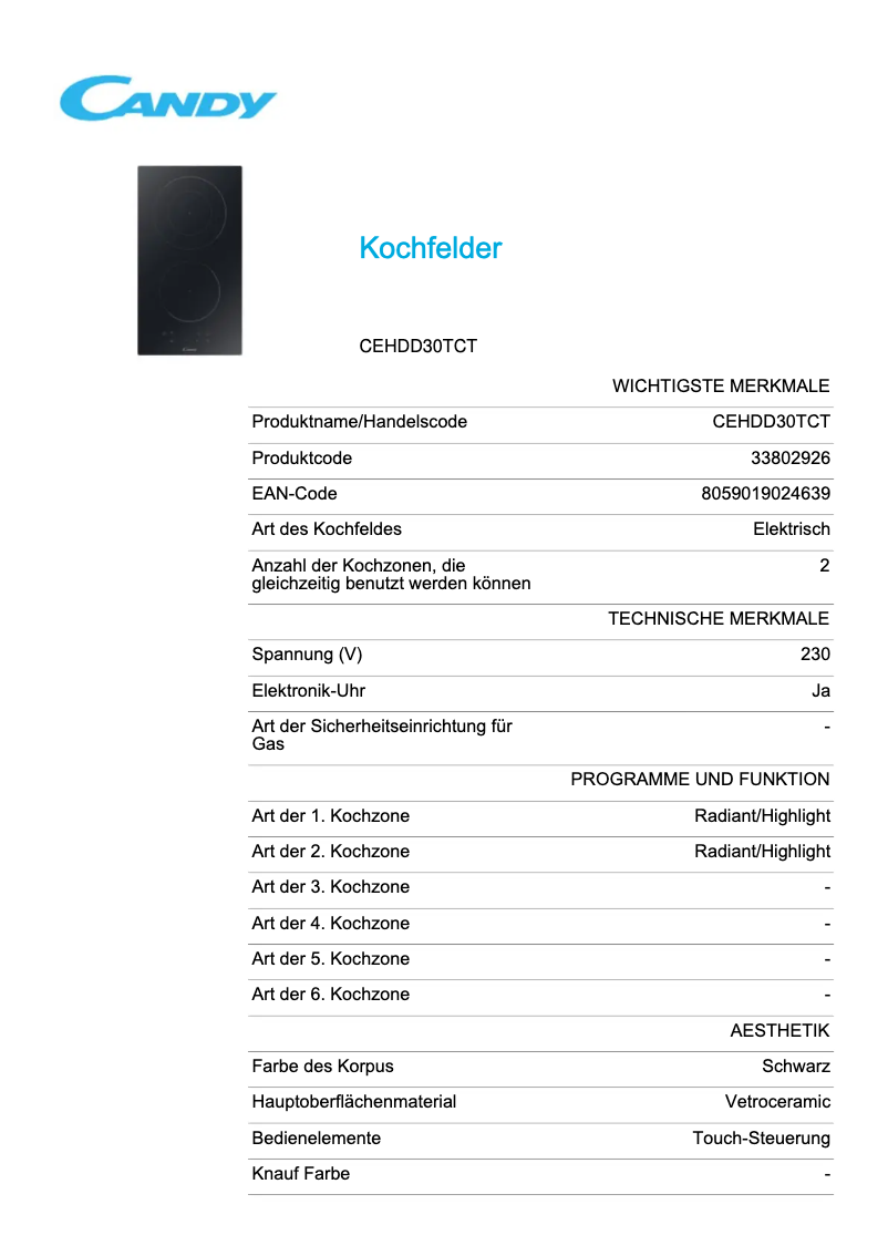 Page 1 de la notice Fiche technique Candy CEHDD30TCT
