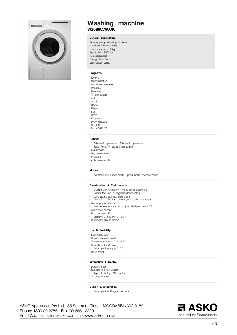 Page 1 de la notice Fiche technique Asko W2086CWUK