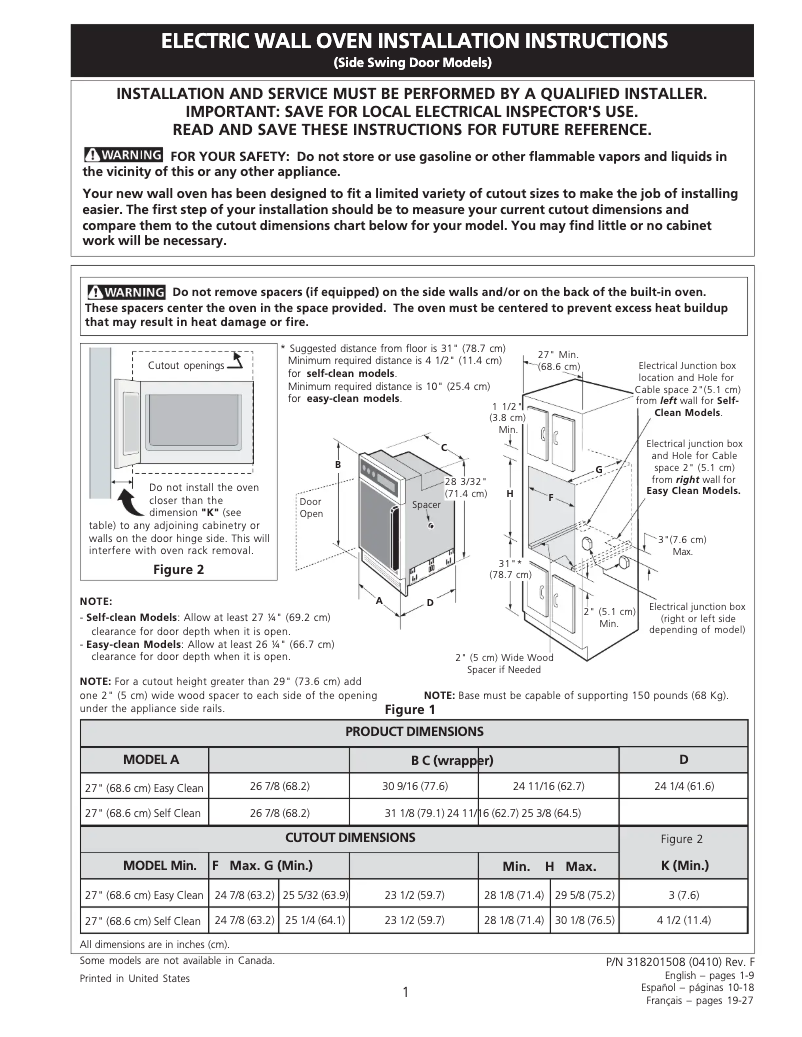 Page n°1 - Guide d'installation Frigidaire GLEB27Z7HB