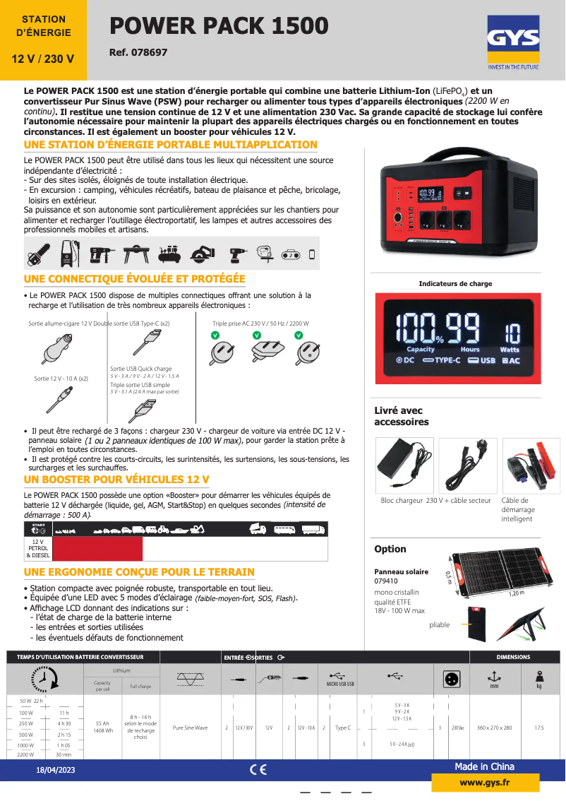Page 1 de la notice Fiche technique GYS Power Pack 1500