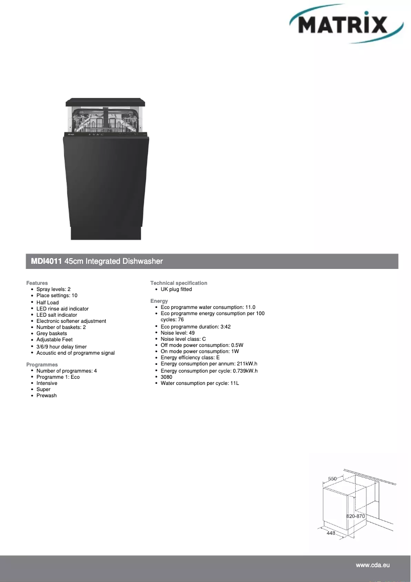 Page 1 de la notice Fiche technique Matrix MDI4011