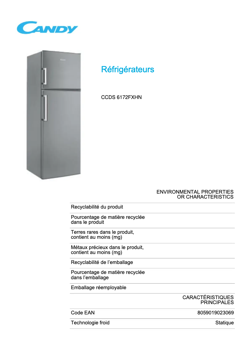 Page 1 de la notice Fiche technique Candy CCDS 6172FXHN
