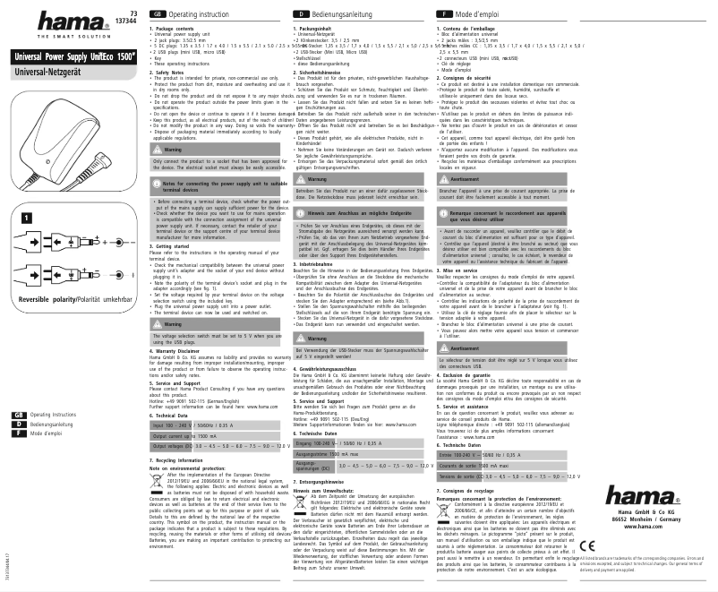 Page 1 of the manual User Manual Hama Eco 1500