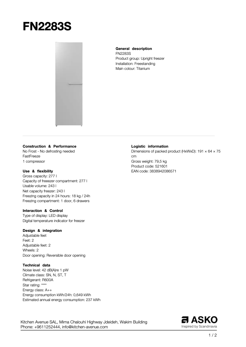 Página 1 del manual Ficha técnica Asko FN2283S