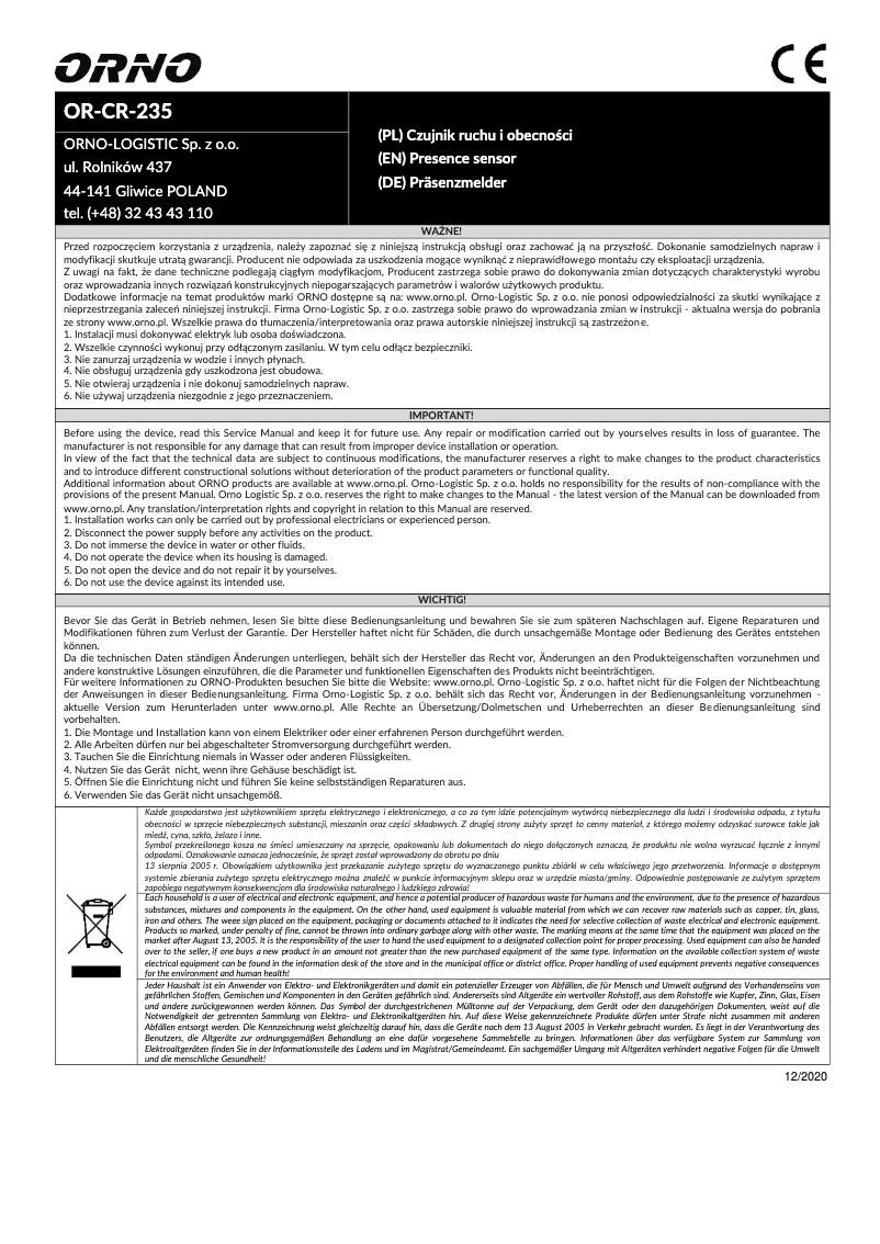 Imagen de la primera página del manual del dispositivo OR-CR-235