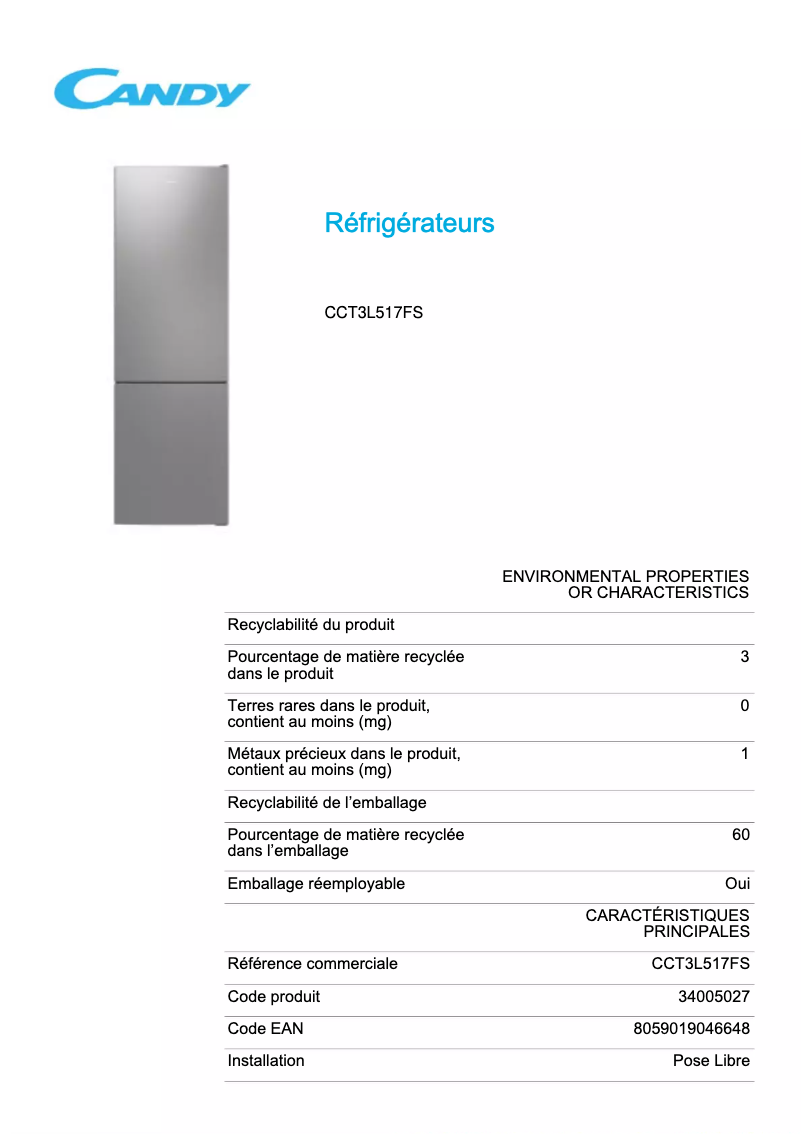 Page 1 de la notice Fiche technique Candy CCT3L517FS