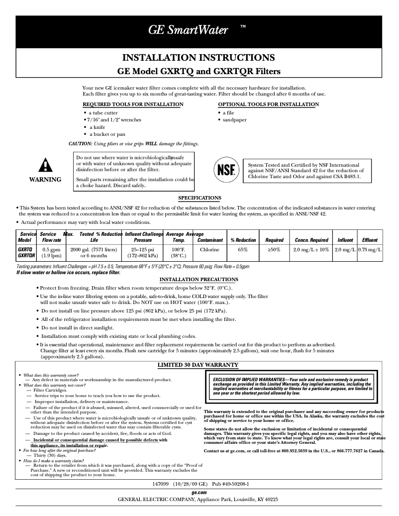 Page 1 de la notice Guide d'installation GE GXRTQR