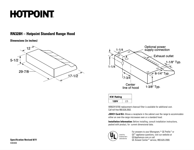 Page 1 de la notice Fiche technique Hotpoint RN328HSA