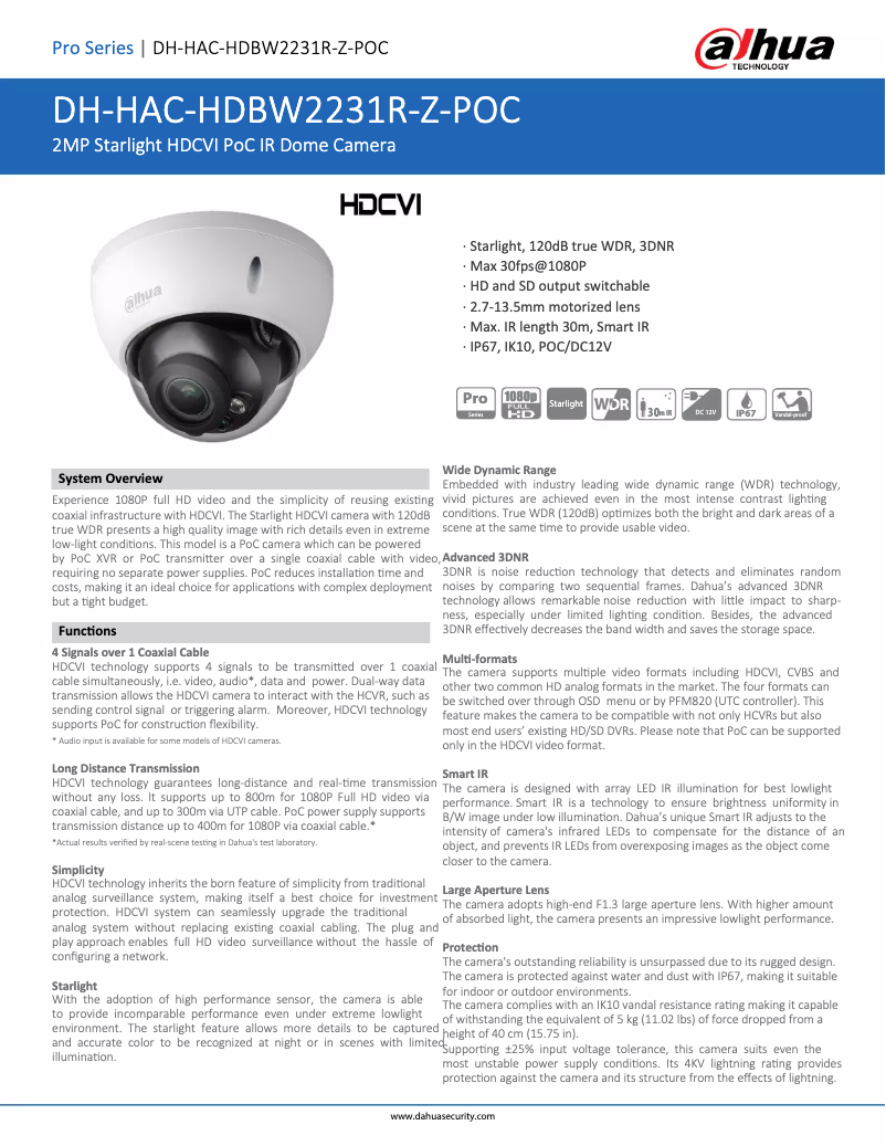 Page n°1 - Fiche technique Dahua Technology HAC-HDBW2231R-Z-POC