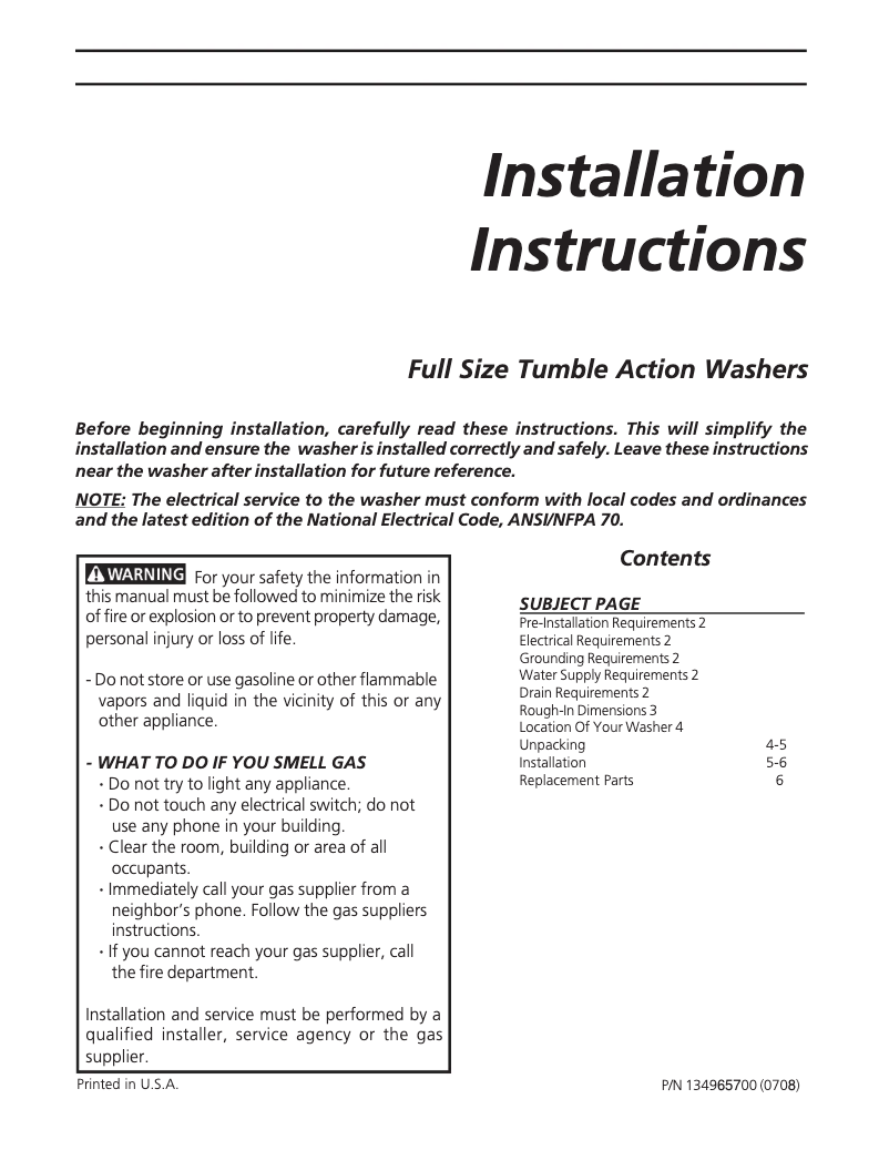 Page n°1 - Guide d'installation Frigidaire GLTF2940FS