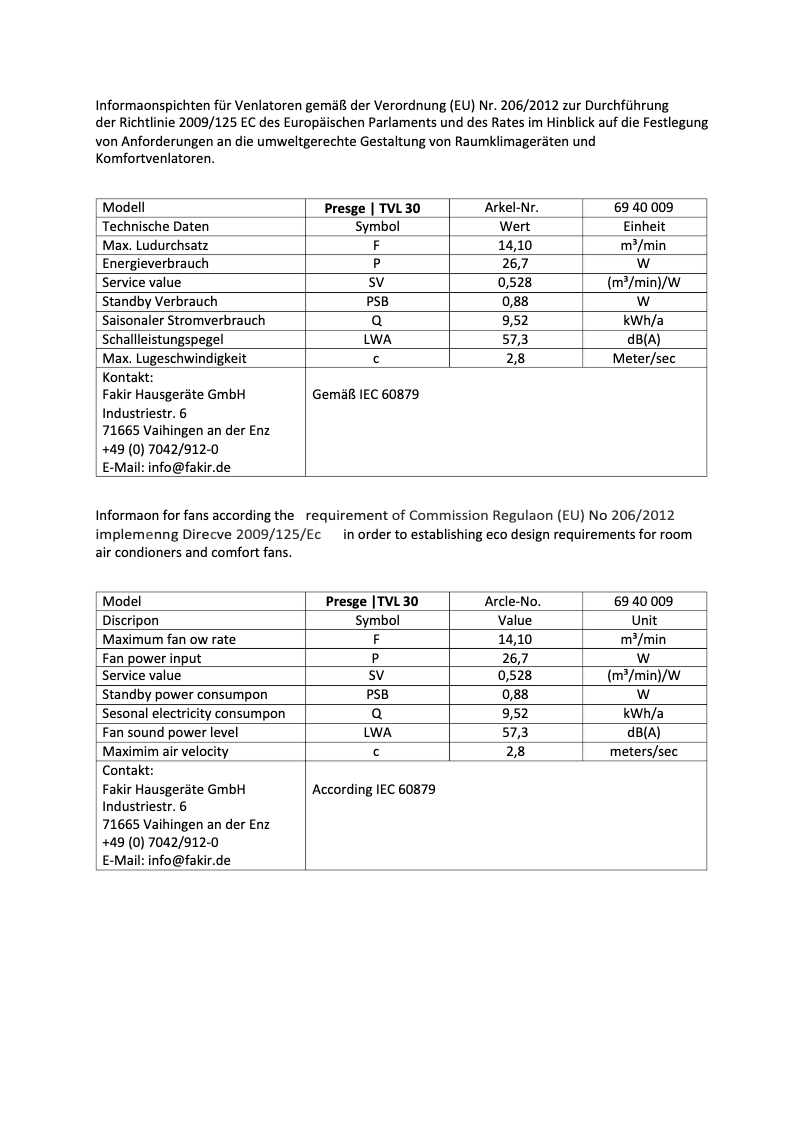 Page 1 de la notice Label énergétique Fakir Prestige TVL 30