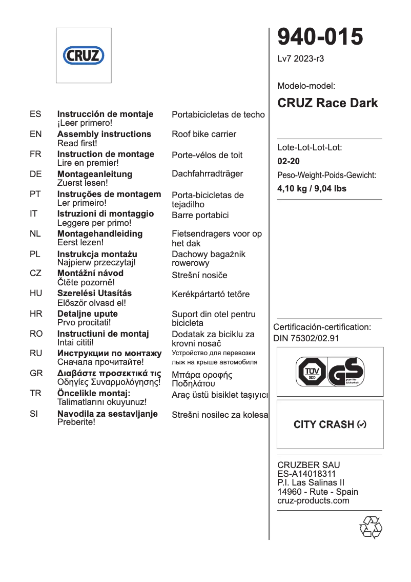 Página 1 del manual Instrucciones / montaje Cruz Race Dark