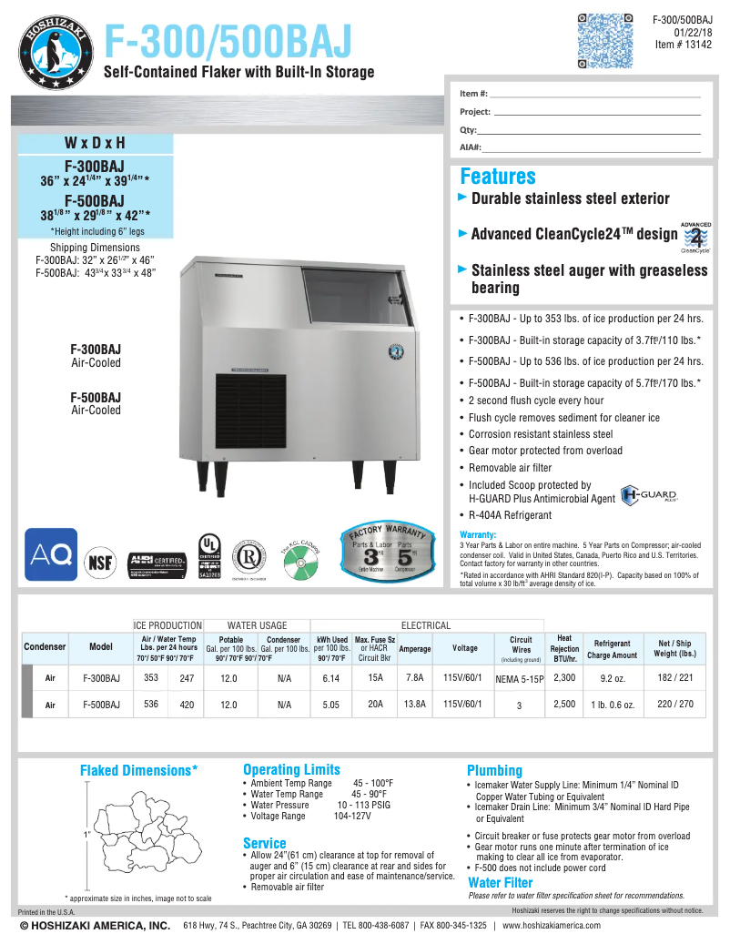 Page 1 de la notice Fiche technique Hoshizaki F-300BAJ
