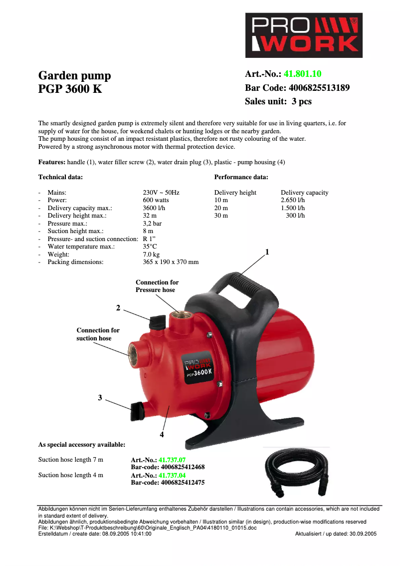 Page 1 de la notice Manuel utilisateur Prowork PGP 3600K