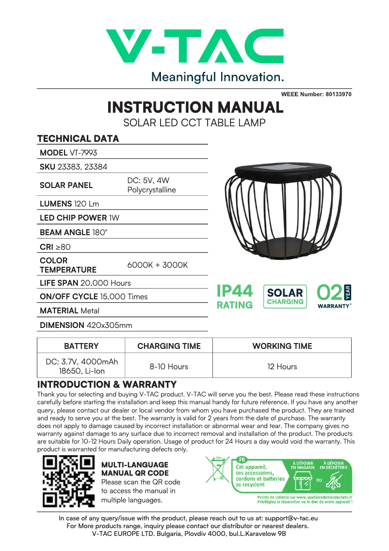 Page 1 de la notice Manuel utilisateur V-TAC VT-7993