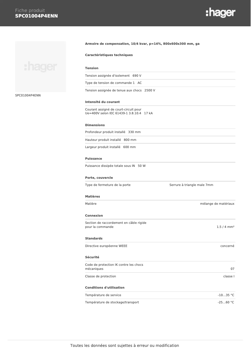 Page n°1 - Fiche technique Hager SPC01004P4ENN