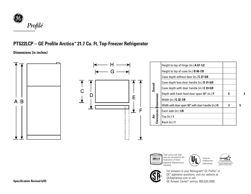 Página 1 del manual Ficha técnica GE PTS22LCPBB