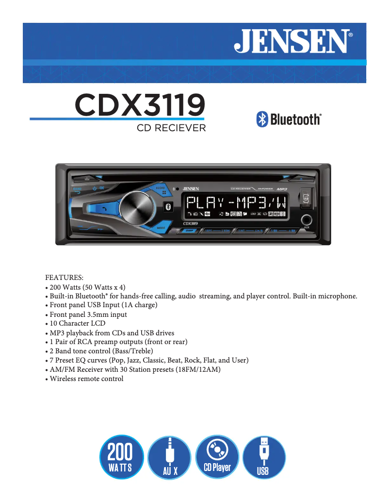 Page 1 de la notice Fiche technique Jensen CDX3119