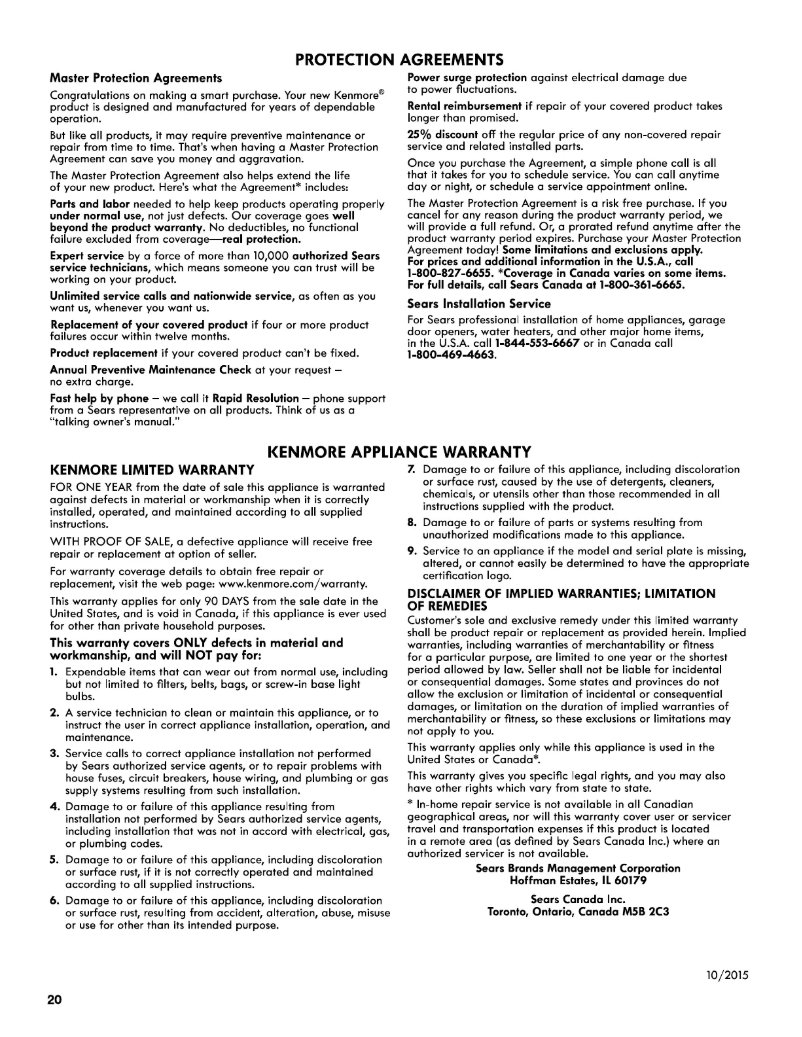 Page 1 de la notice Informations de garantie Kenmore 29152