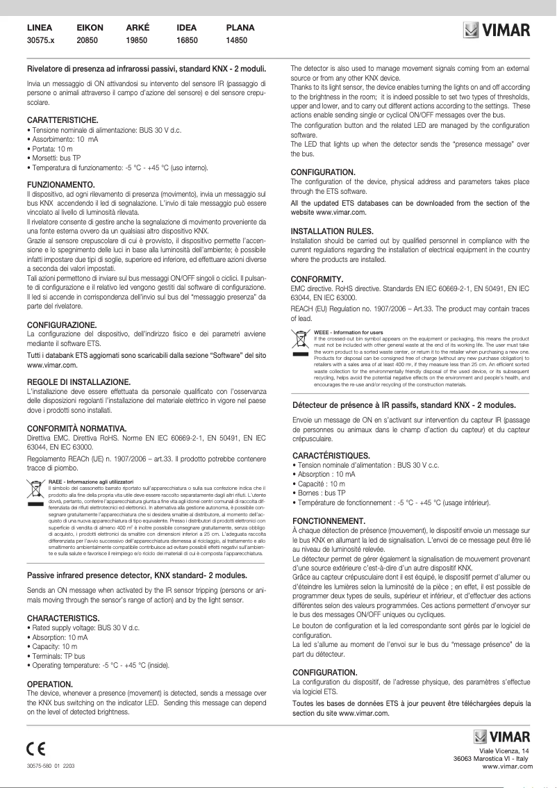 Page 1 de la notice Manuel utilisateur Vimar 30575.C