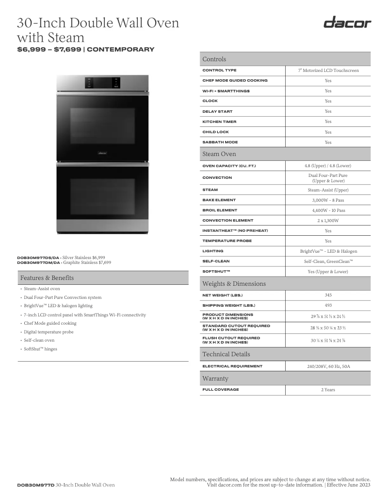 Page 1 de la notice Fiche technique Dacor Modernist DOB30M977DS