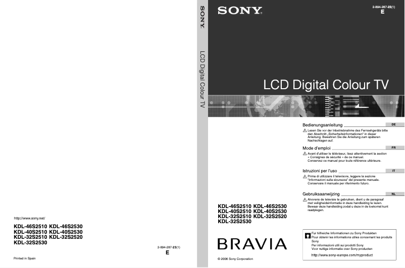 Image de la première page du manuel de l'appareil Bravia KDL-32S2520