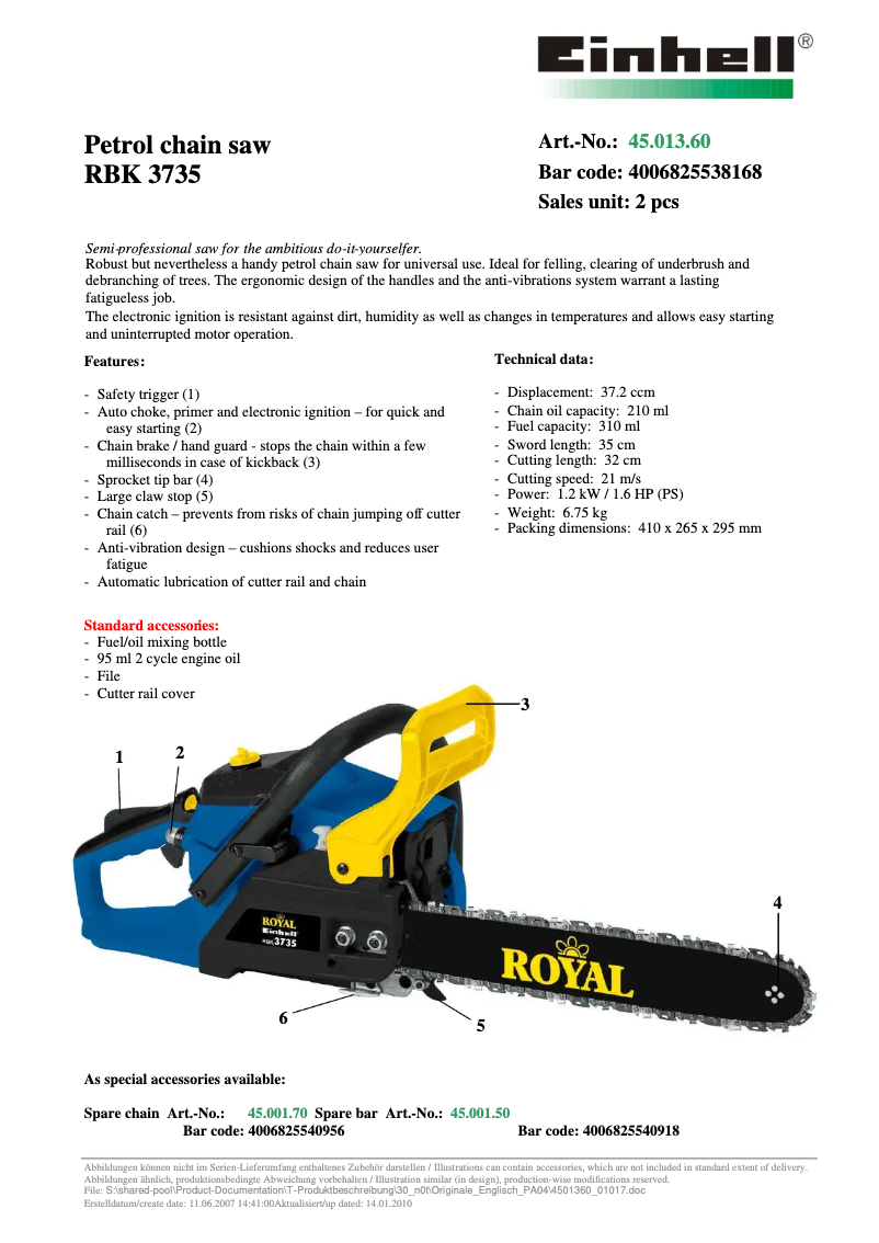 Page n°1 - Manuel utilisateur Einhell Royal RBK 3735
