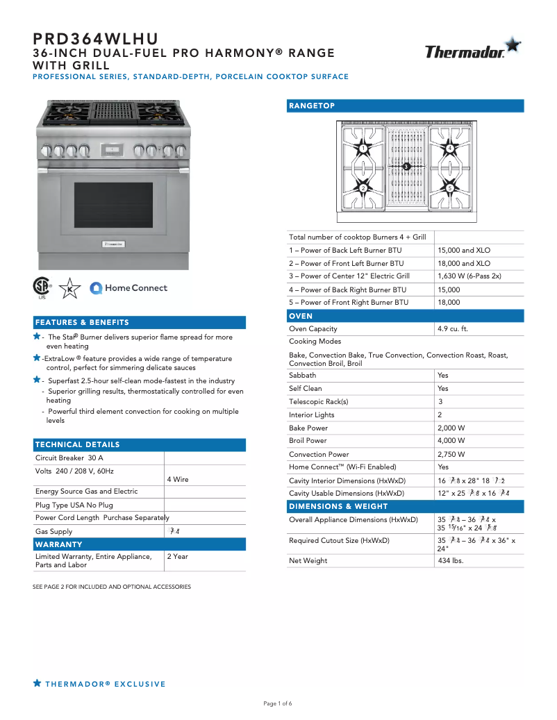 Page 1 de la notice Fiche technique Thermador PRD364WLHU