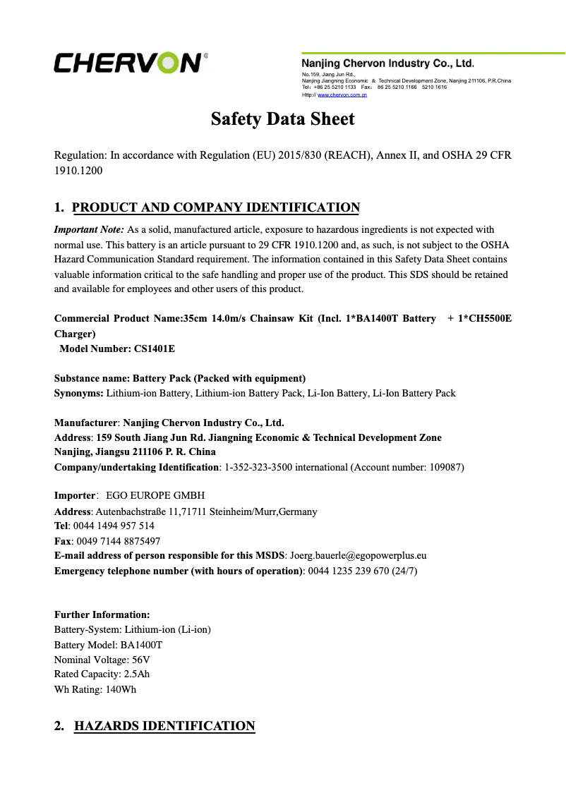 Page 1 de la notice Instructions de sécurité EGO CS1401E