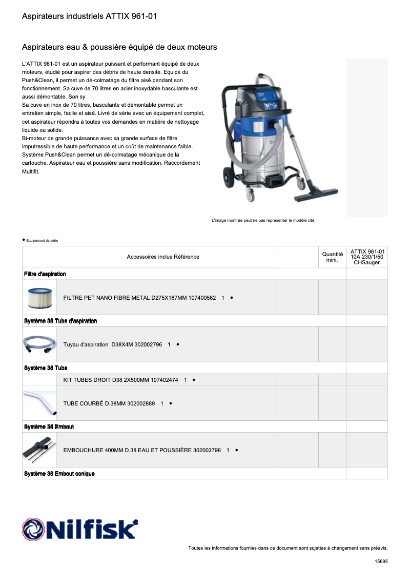 Page 1 de la notice Fiche technique Nilfisk ATTIX 961-01