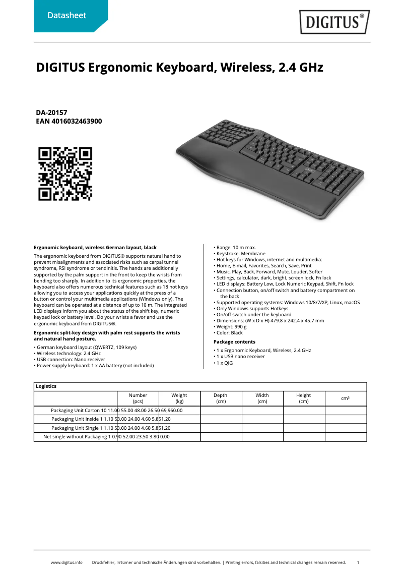 Page 1 de la notice Fiche technique Digitus DA-20157