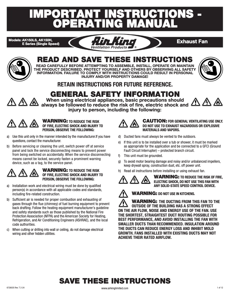 Page 1 de la notice Instructions / montage Air King E110S