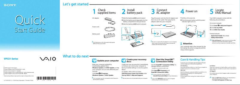 Page 1 de la notice Guide d'installation Sony Vaio VPCS111FM