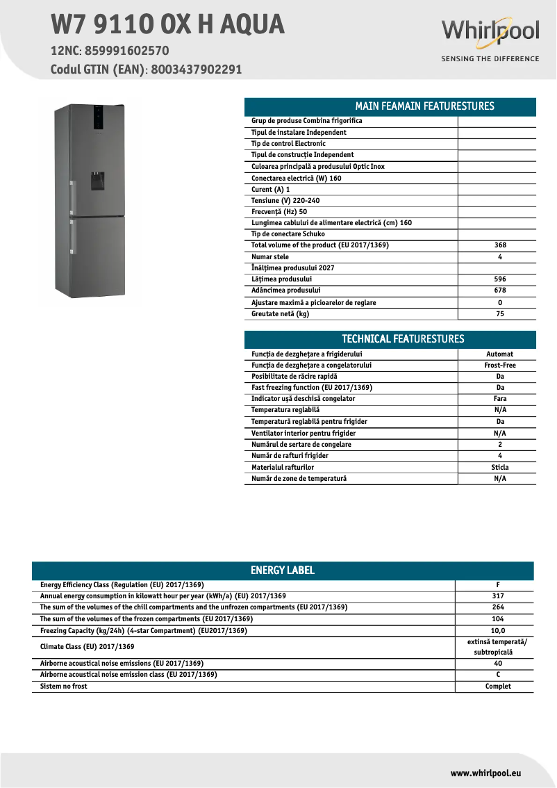 Page 1 de la notice Fiche technique Whirlpool W7 911O OX H AQUA