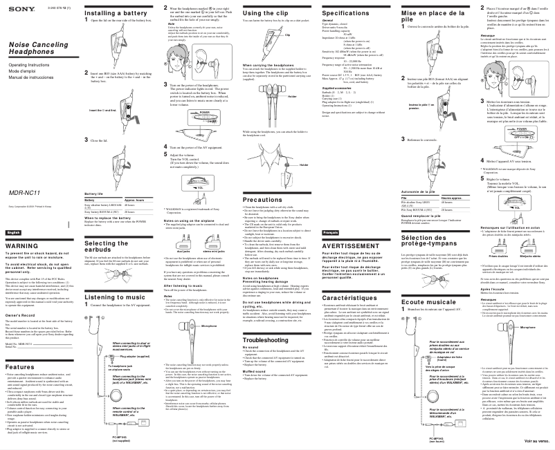 Page 1 de la notice Manuel utilisateur Sony MDR-NC11