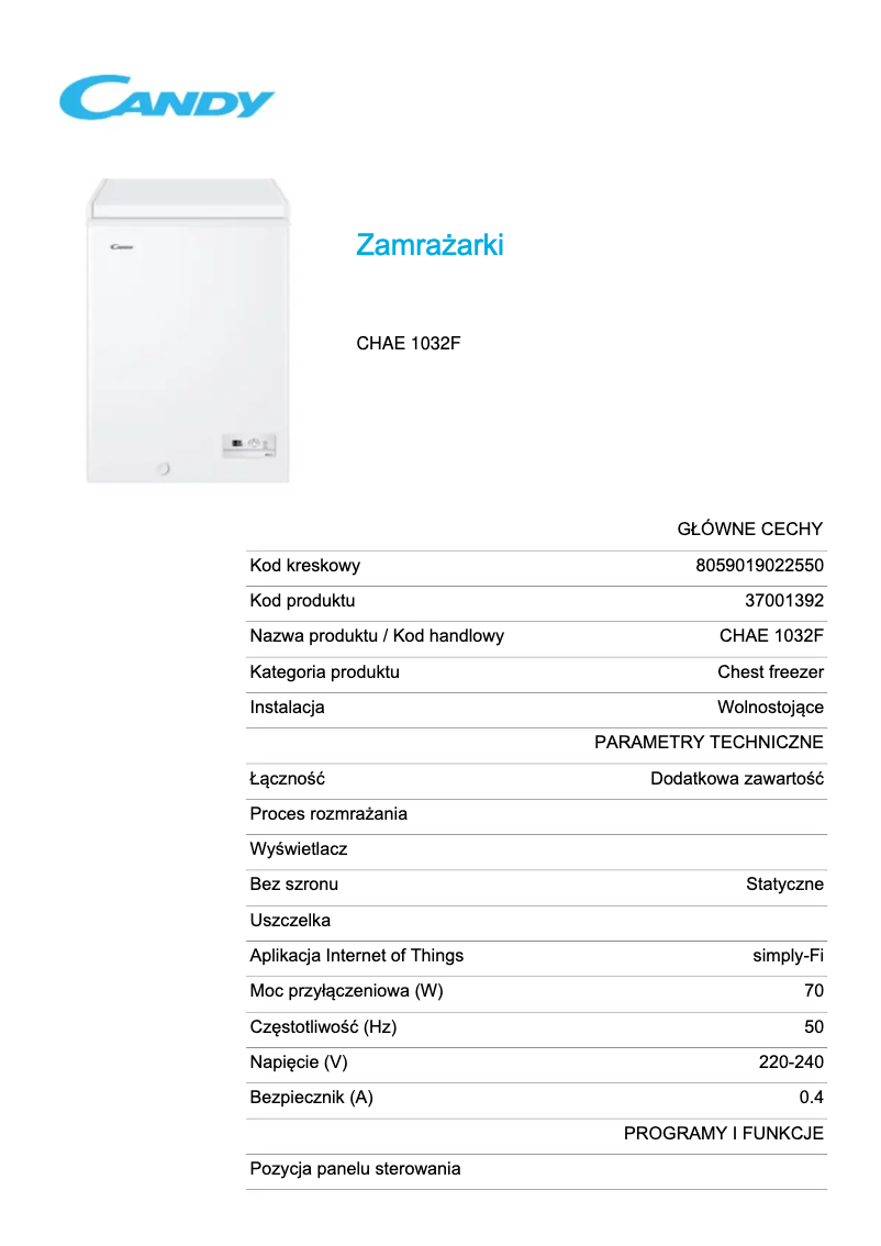 Page 1 de la notice Fiche technique Candy CHAE 1032F